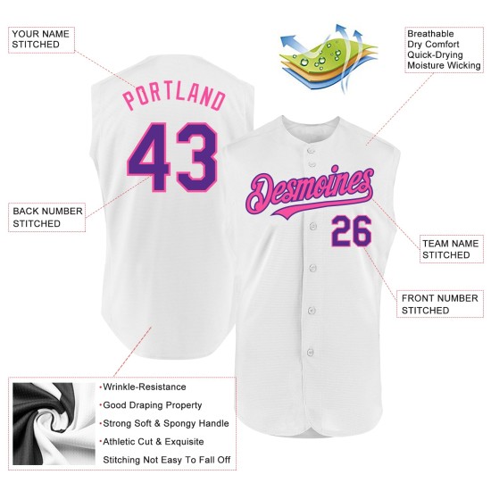 Custom Authentic Baseball Jersey White Sleeveless Purple-Pink Custom Authentic Baseball Jersey White Sleeveless Purple-Pink