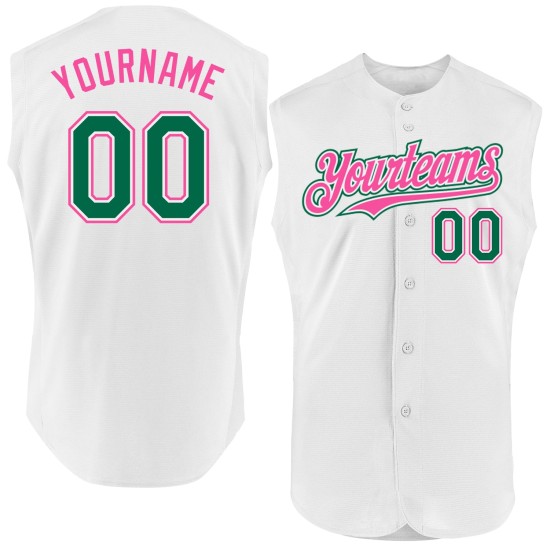 Custom Authentic Green-Pink Sleeveless Kelly Jersey Baseball White Custom Authentic Green-Pink Sleeveless Kelly Jersey Baseball White