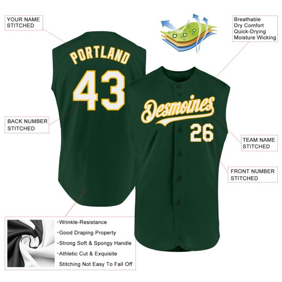 Jersey Baseball White-Gold Sleeveless Green Custom Authentic Jersey Baseball White-Gold Sleeveless Green Custom Authentic