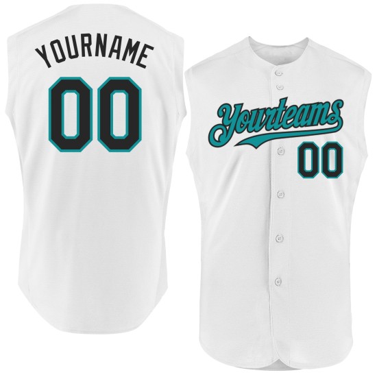 White Baseball Black-Teal Custom Jersey Sleeveless Authentic White Baseball Black-Teal Custom Jersey Sleeveless Authentic