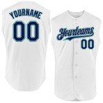 Custom Jersey White Sleeveless Gray-Teal Navy Baseball Authentic Custom Jersey White Sleeveless Gray-Teal Navy Baseball Authentic