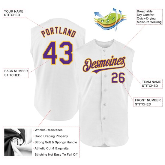 Purple-Gold Authentic Baseball Sleeveless Custom White Jersey Purple-Gold Authentic Baseball Sleeveless Custom White Jersey