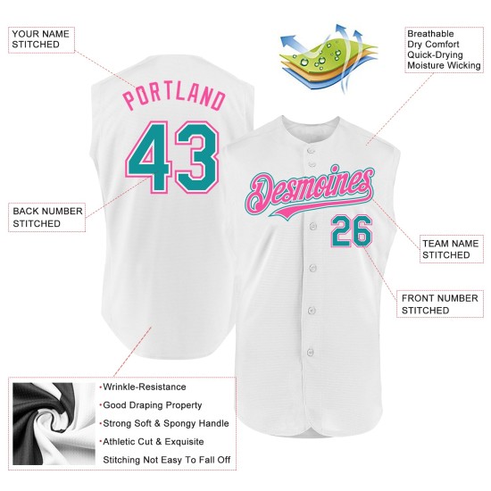 Teal-Pink Jersey White Custom Baseball Authentic Sleeveless Teal-Pink Jersey White Custom Baseball Authentic Sleeveless