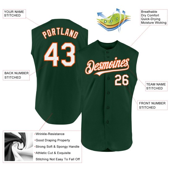 Sleeveless Authentic Green Jersey Custom Baseball White-Orange Sleeveless Authentic Green Jersey Custom Baseball White-Orange