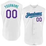 Custom Jersey Baseball White Purple-Teal Authentic Sleeveless Custom Jersey Baseball White Purple-Teal Authentic Sleeveless