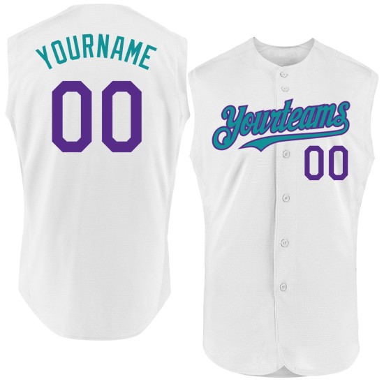 Custom Jersey Baseball White Purple-Teal Authentic Sleeveless Custom Jersey Baseball White Purple-Teal Authentic Sleeveless