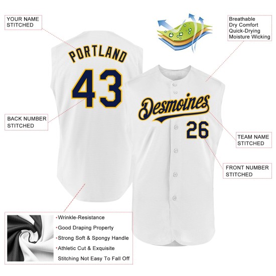 Jersey Sleeveless Authentic Navy-Gold Baseball Custom White Jersey Sleeveless Authentic Navy-Gold Baseball Custom White