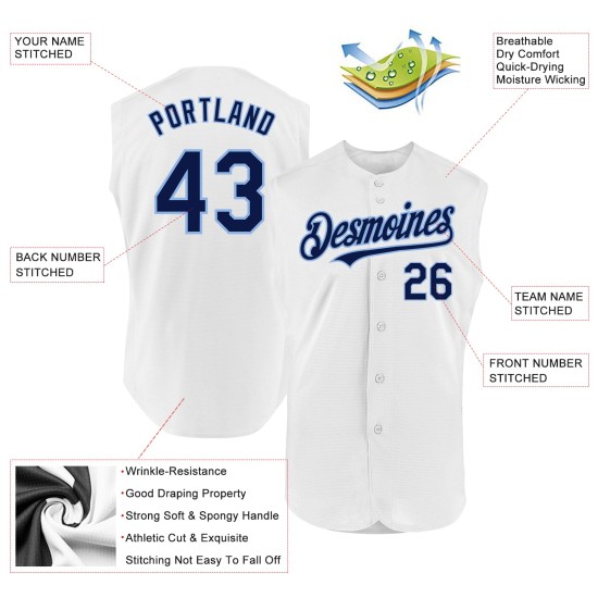 White Custom Baseball Blue Authentic Sleeveless Jersey Navy-Light White Custom Baseball Blue Authentic Sleeveless Jersey Navy-Light