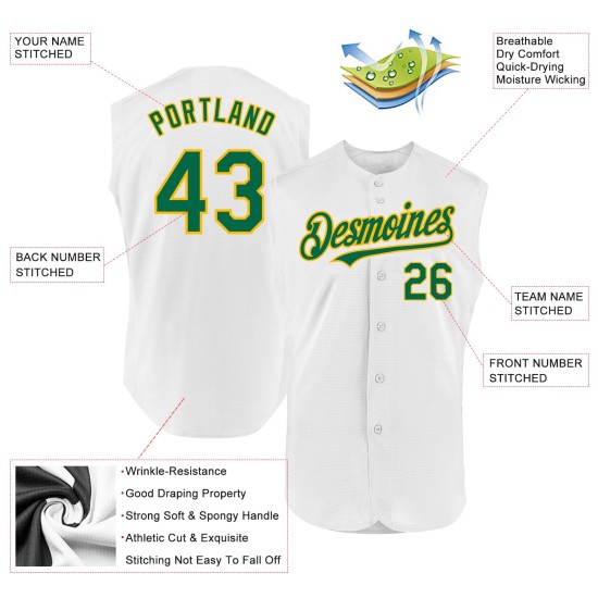 White Authentic Kelly Custom Baseball Jersey Green-Gold Sleeveless White Authentic Kelly Custom Baseball Jersey Green-Gold Sleeveless