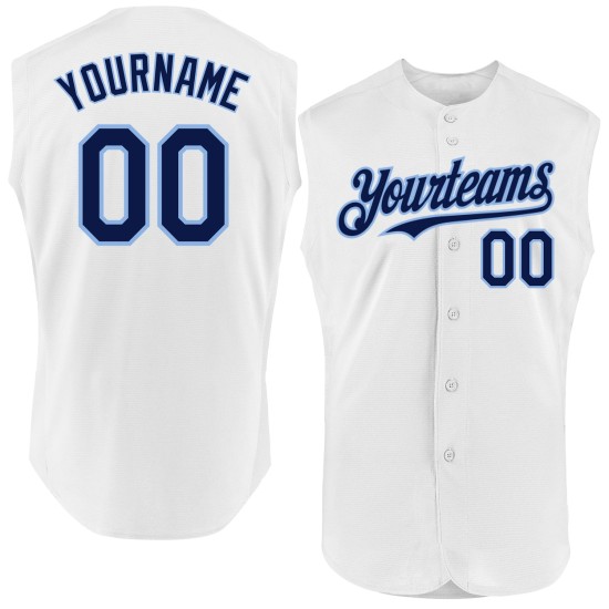 White Custom Baseball Blue Authentic Sleeveless Jersey Navy-Light White Custom Baseball Blue Authentic Sleeveless Jersey Navy-Light