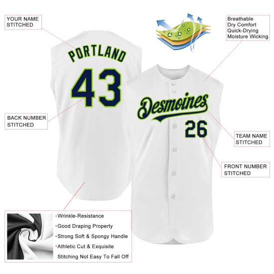 Green Authentic Jersey Sleeveless Navy-Neon White Custom Baseball Green Authentic Jersey Sleeveless Navy-Neon White Custom Baseball