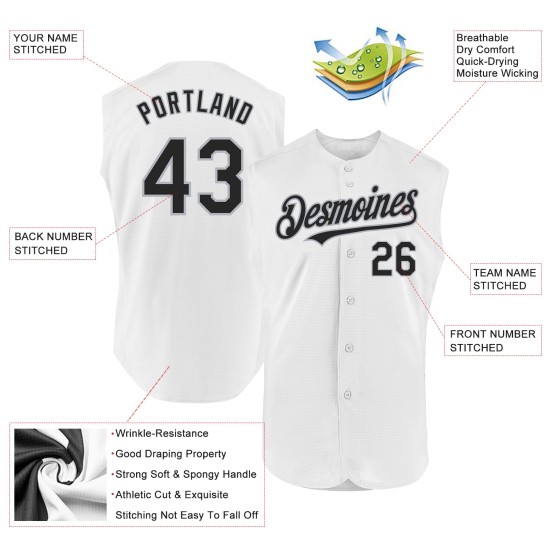 Baseball Jersey Custom Authentic Sleeveless White Black-Gray Baseball Jersey Custom Authentic Sleeveless White Black-Gray