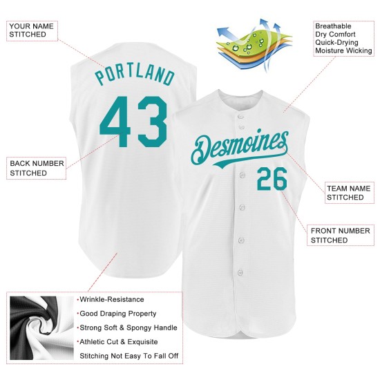 Teal White Baseball Sleeveless Authentic Custom Jersey Teal White Baseball Sleeveless Authentic Custom Jersey