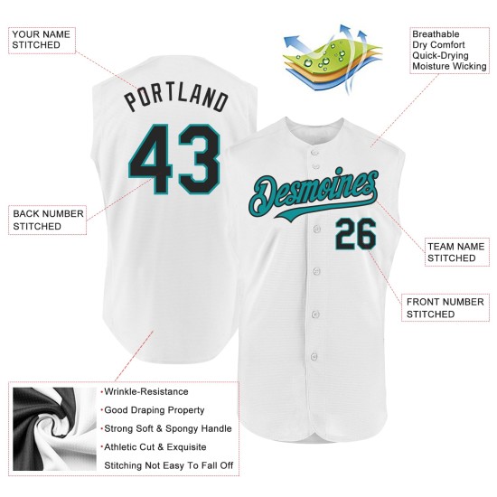 White Baseball Black-Teal Custom Jersey Sleeveless Authentic White Baseball Black-Teal Custom Jersey Sleeveless Authentic