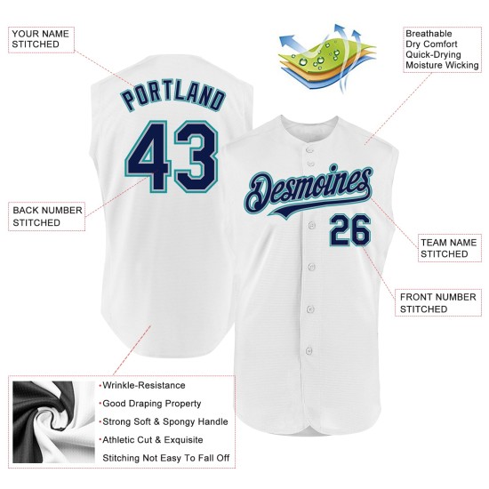 Custom Jersey White Sleeveless Gray-Teal Navy Baseball Authentic Custom Jersey White Sleeveless Gray-Teal Navy Baseball Authentic