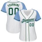 White Authentic Baseball Jersey Blue Pinstripe Custom Light Sleeves Blue Green-Light Raglan White Authentic Baseball Jersey Blue Pinstripe Custom Light Sleeves Blue Green-Light Raglan
