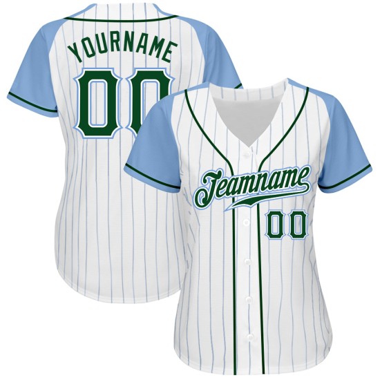 White Authentic Baseball Jersey Blue Pinstripe Custom Light Sleeves Blue Green-Light Raglan White Authentic Baseball Jersey Blue Pinstripe Custom Light Sleeves Blue Green-Light Raglan