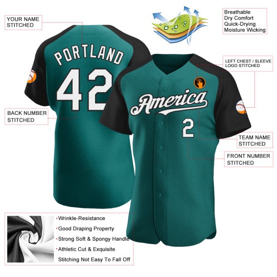 Authentic Sleeves Baseball Raglan Jersey White-Black Custom Teal Authentic Sleeves Baseball Raglan Jersey White-Black Custom Teal