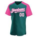 White-Pink Sleeves Custom Baseball Authentic Jersey Raglan Teal White-Pink Sleeves Custom Baseball Authentic Jersey Raglan Teal