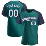 Custom Baseball Jersey Raglan White-Navy Sleeves Authentic Teal Custom Baseball Jersey Raglan White-Navy Sleeves Authentic Teal
