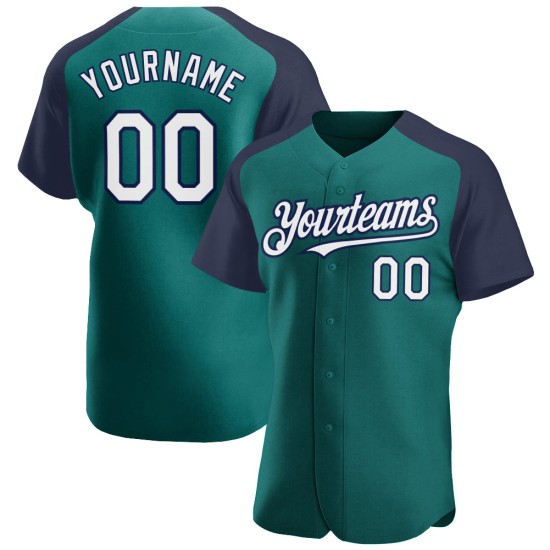 Custom Baseball Jersey Raglan White-Navy Sleeves Authentic Teal Custom Baseball Jersey Raglan White-Navy Sleeves Authentic Teal