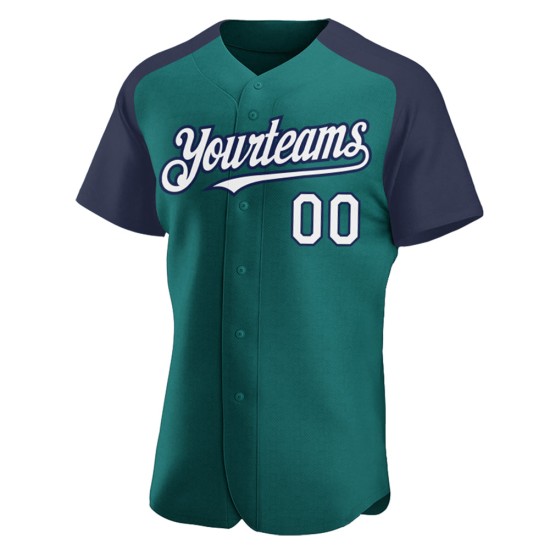 Custom Baseball Jersey Raglan White-Navy Sleeves Authentic Teal Custom Baseball Jersey Raglan White-Navy Sleeves Authentic Teal