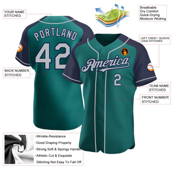 Raglan Sleeves Jersey Gray-Navy Authentic Custom Teal Baseball Raglan Sleeves Jersey Gray-Navy Authentic Custom Teal Baseball