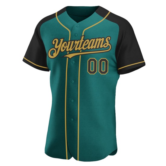 Gold Authentic Raglan Custom Black-Old Sleeves Baseball Jersey Teal Gold Authentic Raglan Custom Black-Old Sleeves Baseball Jersey Teal