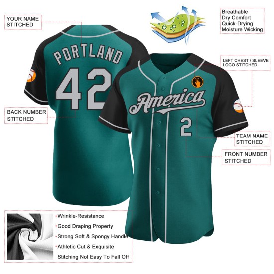 Gray-Black Raglan Teal Sleeves Jersey Custom Baseball Authentic Gray-Black Raglan Teal Sleeves Jersey Custom Baseball Authentic
