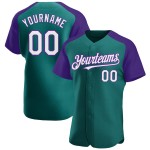 Teal Raglan Baseball Jersey White-Purple Authentic Sleeves Custom Teal Raglan Baseball Jersey White-Purple Authentic Sleeves Custom