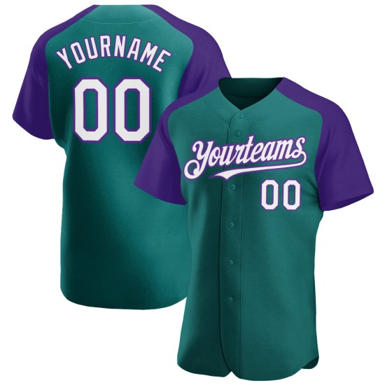 Teal Raglan Baseball Jersey White-Purple Authentic Sleeves Custom Teal Raglan Baseball Jersey White-Purple Authentic Sleeves Custom
