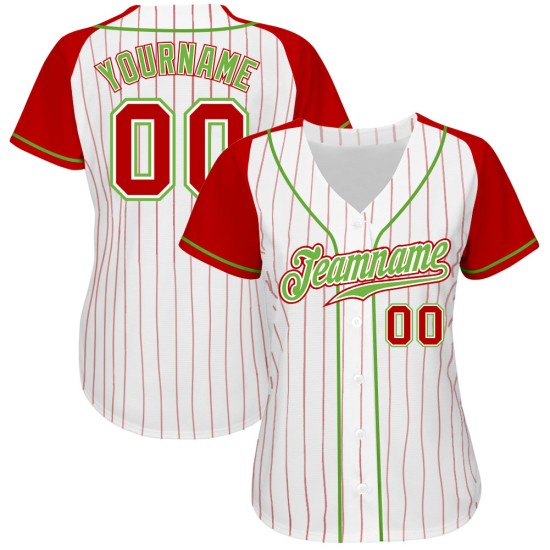 Custom Baseball Red-Neon Green Red White Jersey Authentic Sleeves Raglan Pinstripe Custom Baseball Red-Neon Green Red White Jersey Authentic Sleeves Raglan Pinstripe