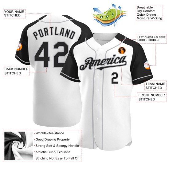 Baseball Black-Gray Sleeves Custom Raglan Authentic Jersey White Baseball Black-Gray Sleeves Custom Raglan Authentic Jersey White