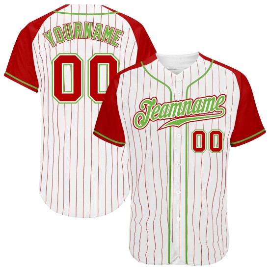 Custom Baseball Red-Neon Green Red White Jersey Authentic Sleeves Raglan Pinstripe Custom Baseball Red-Neon Green Red White Jersey Authentic Sleeves Raglan Pinstripe