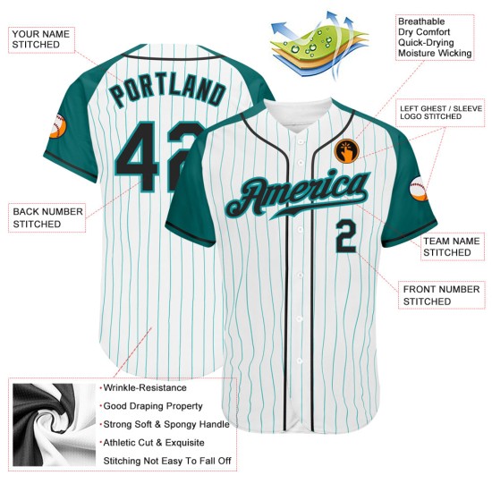 Authentic Raglan Custom Baseball Aqua Black-Aqua Pinstripe White Sleeves Jersey Authentic Raglan Custom Baseball Aqua Black-Aqua Pinstripe White Sleeves Jersey