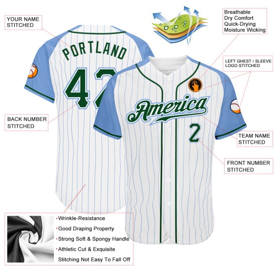 White Authentic Baseball Jersey Blue Pinstripe Custom Light Sleeves Blue Green-Light Raglan White Authentic Baseball Jersey Blue Pinstripe Custom Light Sleeves Blue Green-Light Raglan
