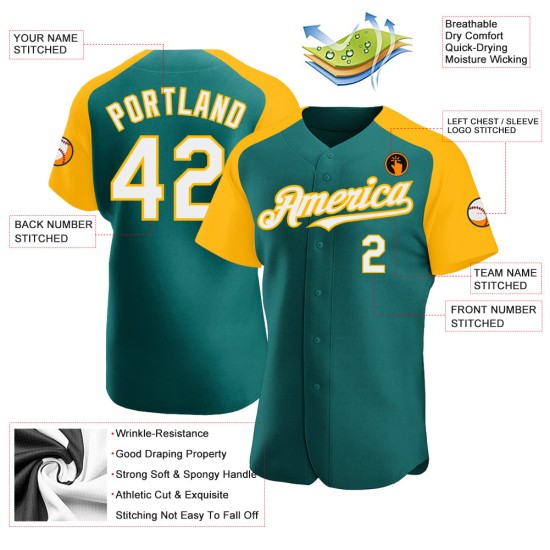Authentic White-Gold Jersey Raglan Teal Sleeves Baseball Custom Authentic White-Gold Jersey Raglan Teal Sleeves Baseball Custom