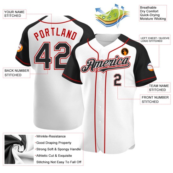 Baseball Sleeves White Authentic Raglan Black-Red Jersey Custom Baseball Sleeves White Authentic Raglan Black-Red Jersey Custom