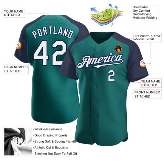 Custom Baseball Jersey Raglan White-Navy Sleeves Authentic Teal Custom Baseball Jersey Raglan White-Navy Sleeves Authentic Teal