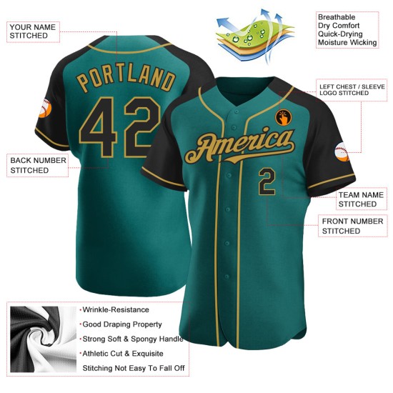 Gold Authentic Raglan Custom Black-Old Sleeves Baseball Jersey Teal Gold Authentic Raglan Custom Black-Old Sleeves Baseball Jersey Teal