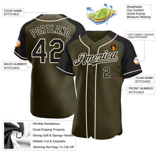 Jersey Salute Service Authentic Black-Cream To Raglan Custom Baseball Sleeves Olive Jersey Salute Service Authentic Black-Cream To Raglan Custom Baseball Sleeves Olive