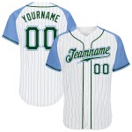 White Authentic Baseball Jersey Blue Pinstripe Custom Light Sleeves Blue Green-Light Raglan White Authentic Baseball Jersey Blue Pinstripe Custom Light Sleeves Blue Green-Light Raglan