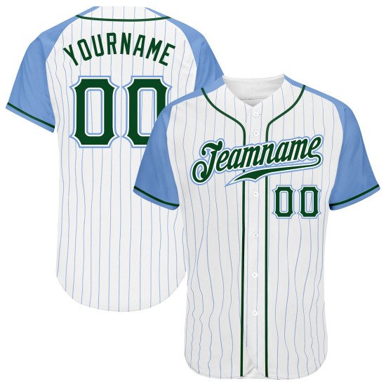 White Authentic Baseball Jersey Blue Pinstripe Custom Light Sleeves Blue Green-Light Raglan White Authentic Baseball Jersey Blue Pinstripe Custom Light Sleeves Blue Green-Light Raglan
