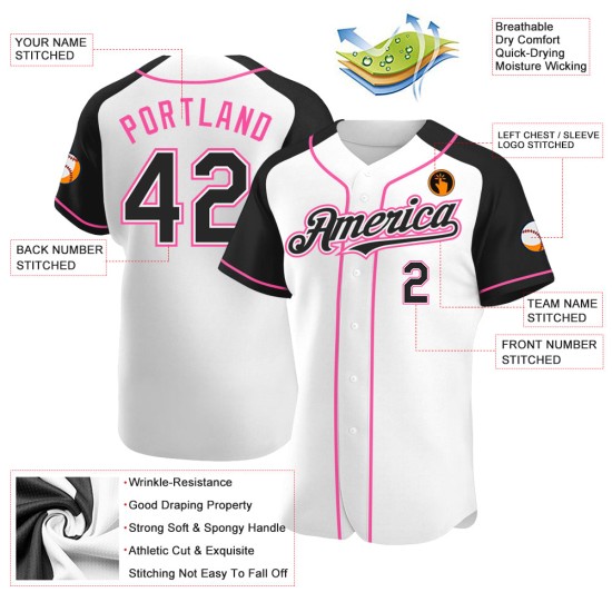 Black-Pink Authentic Baseball White Sleeves Raglan Jersey Custom Black-Pink Authentic Baseball White Sleeves Raglan Jersey Custom