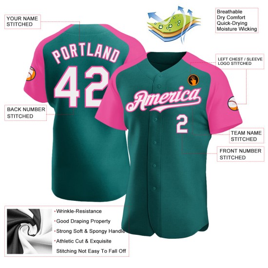 White-Pink Sleeves Custom Baseball Authentic Jersey Raglan Teal White-Pink Sleeves Custom Baseball Authentic Jersey Raglan Teal