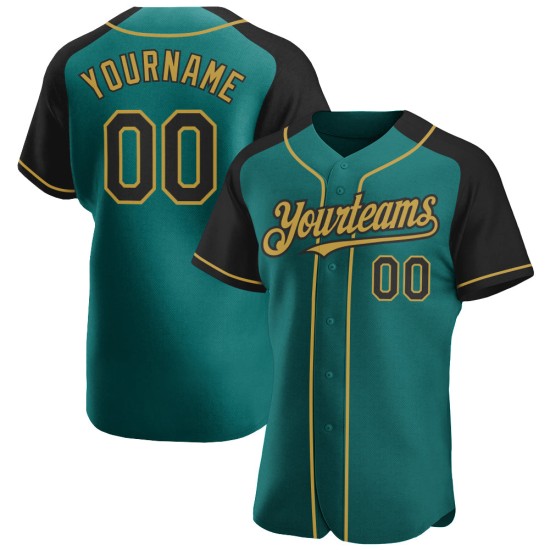 Gold Authentic Raglan Custom Black-Old Sleeves Baseball Jersey Teal Gold Authentic Raglan Custom Black-Old Sleeves Baseball Jersey Teal