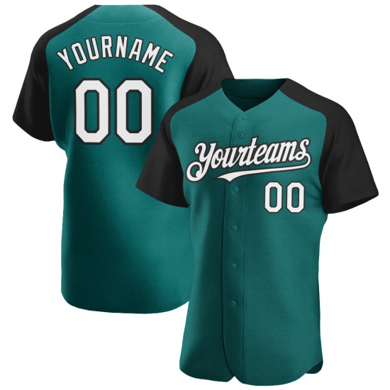 Authentic Sleeves Baseball Raglan Jersey White-Black Custom Teal Authentic Sleeves Baseball Raglan Jersey White-Black Custom Teal