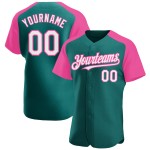 White-Pink Sleeves Custom Baseball Authentic Jersey Raglan Teal White-Pink Sleeves Custom Baseball Authentic Jersey Raglan Teal