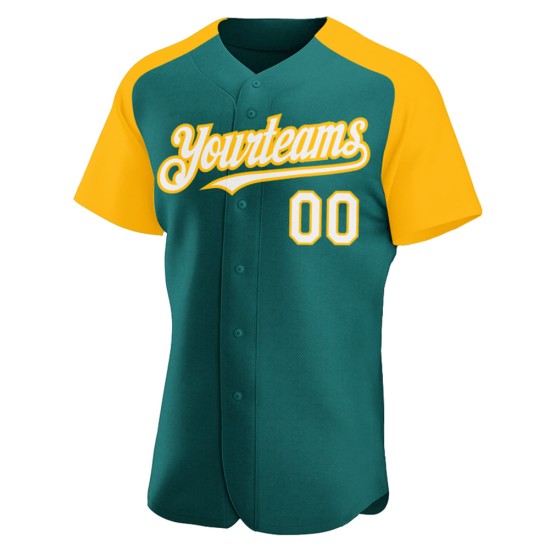 Authentic White-Gold Jersey Raglan Teal Sleeves Baseball Custom Authentic White-Gold Jersey Raglan Teal Sleeves Baseball Custom