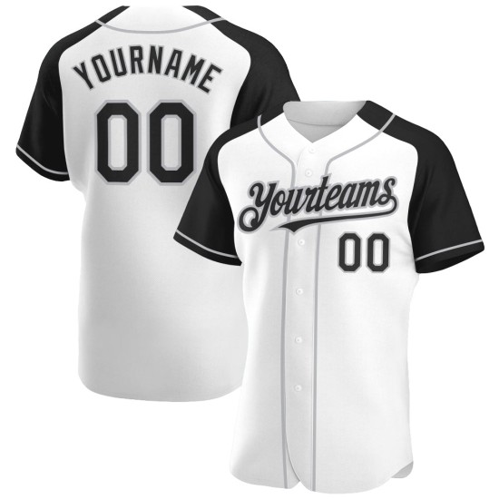 Baseball Black-Gray Sleeves Custom Raglan Authentic Jersey White Baseball Black-Gray Sleeves Custom Raglan Authentic Jersey White